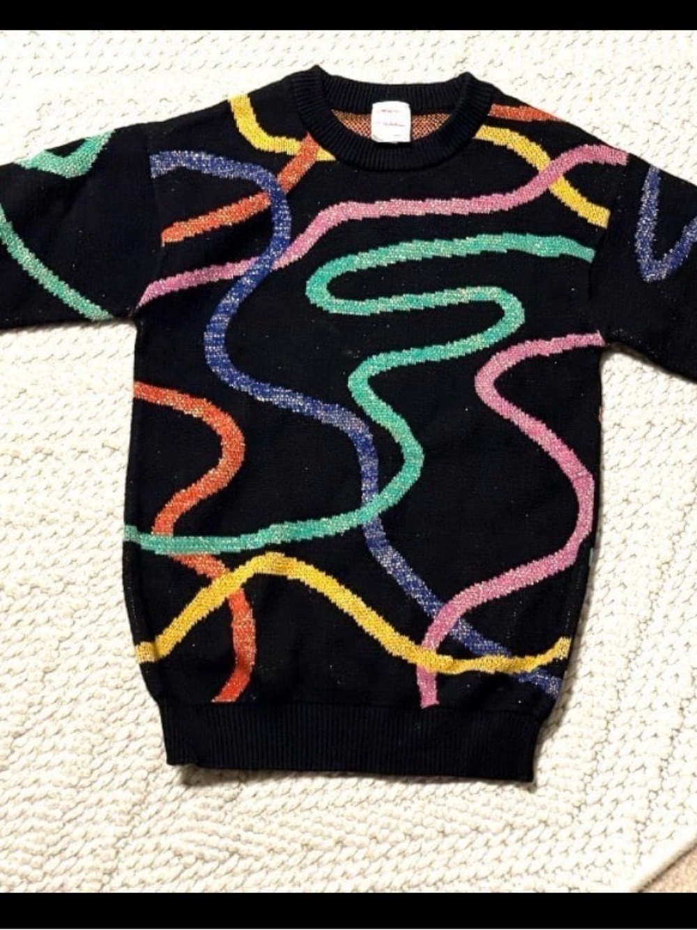 Hanna Andersson Black Crewneck Sweater with Multicolor Ribbon Swirls, size 5